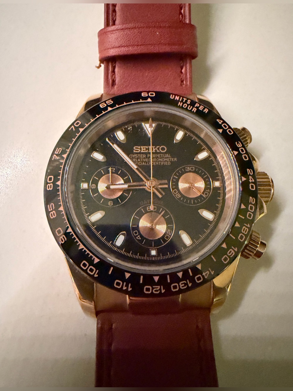 Seiko MOD Rose Gold Chronograph with oyster flex band and purple leather band